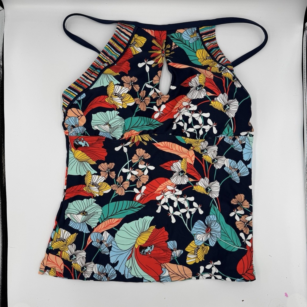Ellen Tracy Color Stripe It Multi Floral Tankini Top Swimsuit Size 12 NWT